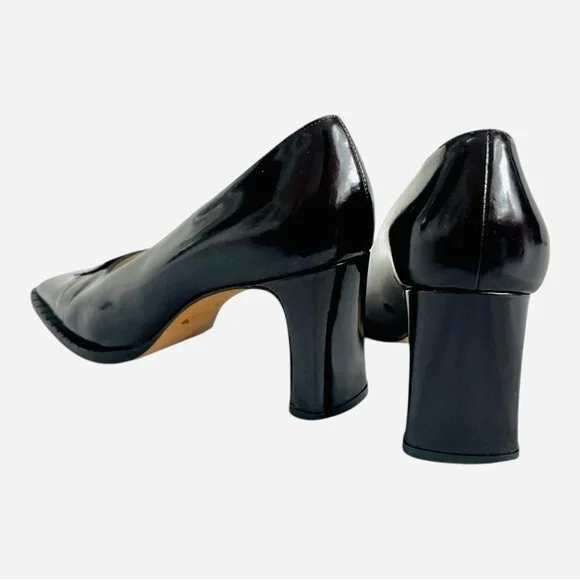 Vintage Escada Black/Brown Leather Pumps Metal Logo Stiletto Size 7B - Picture 11 of 14